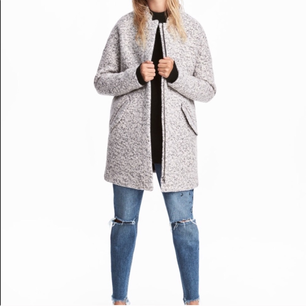 Boucle Wool Blend Long Bomber Jacket -Heather Gray